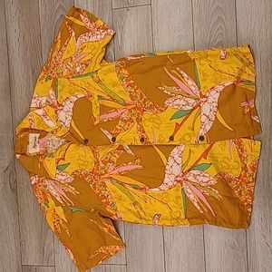 1950s KAMEHAMEHA Bronze Gold Floral Hawaiian Abstract M Short Sleeve Shirt RARE‎